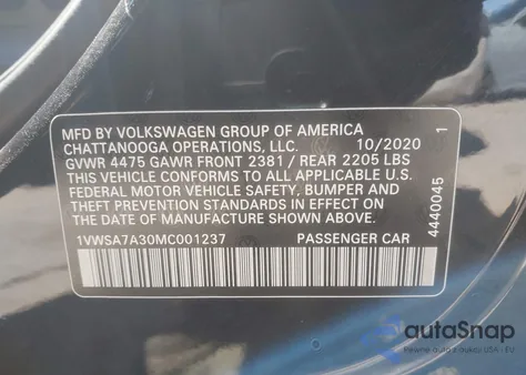 2021 Volkswagen Passat 2.0T Se z USA, uszkodzony, nr VIN 1VWSA7A30MC001237